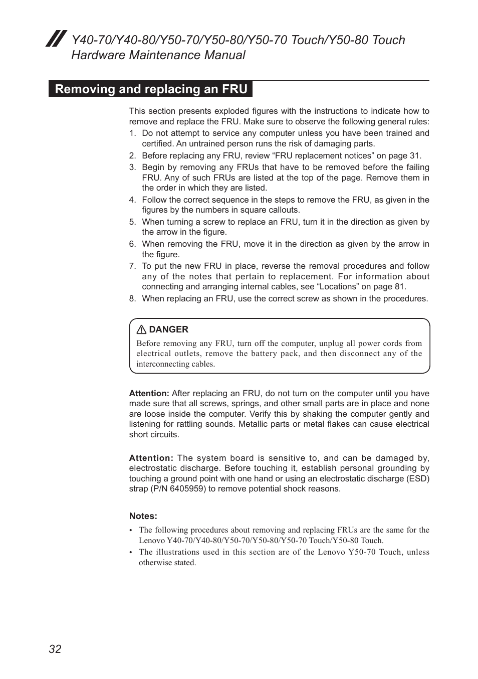 Removing and replacing an fru | Lenovo Y50-70 User Manual | Page 36 / 106