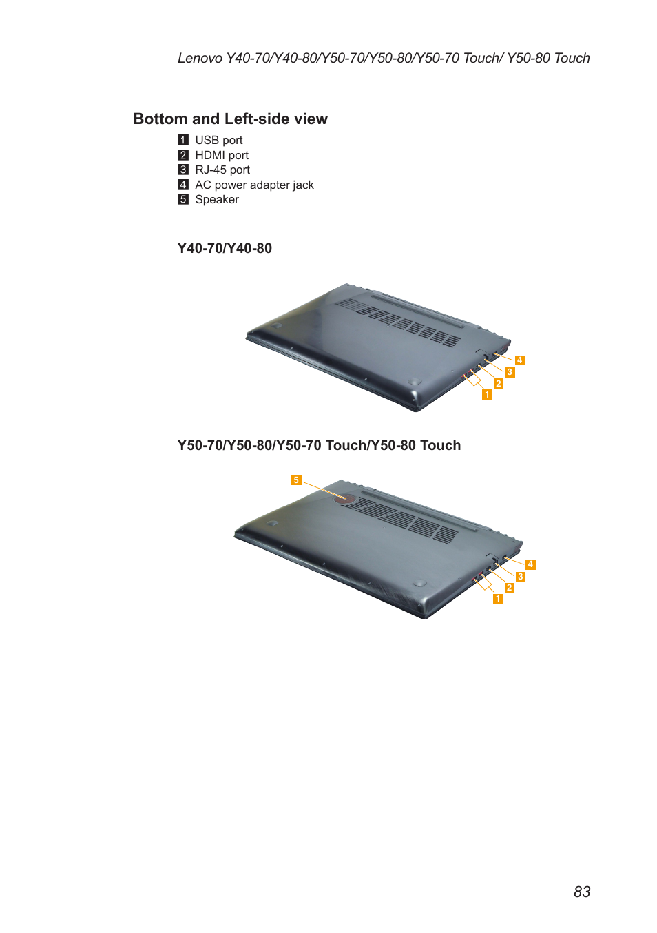 Bottom and left-side view | Lenovo Y50-70 User Manual | Page 87 / 106