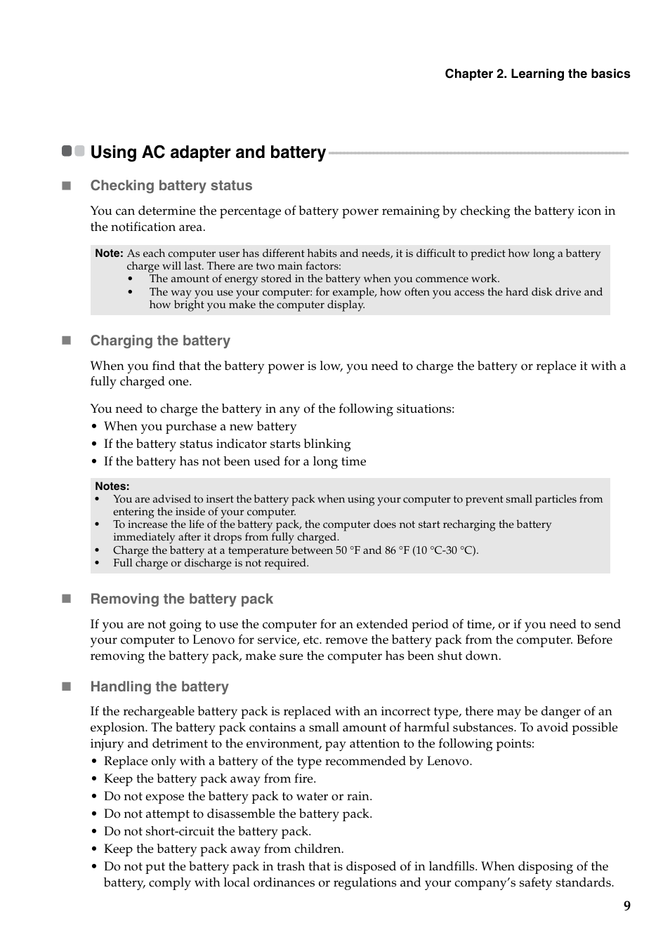 Using ac adapter and battery | Lenovo IdeaPad Y471A User Manual | Page 13 / 49