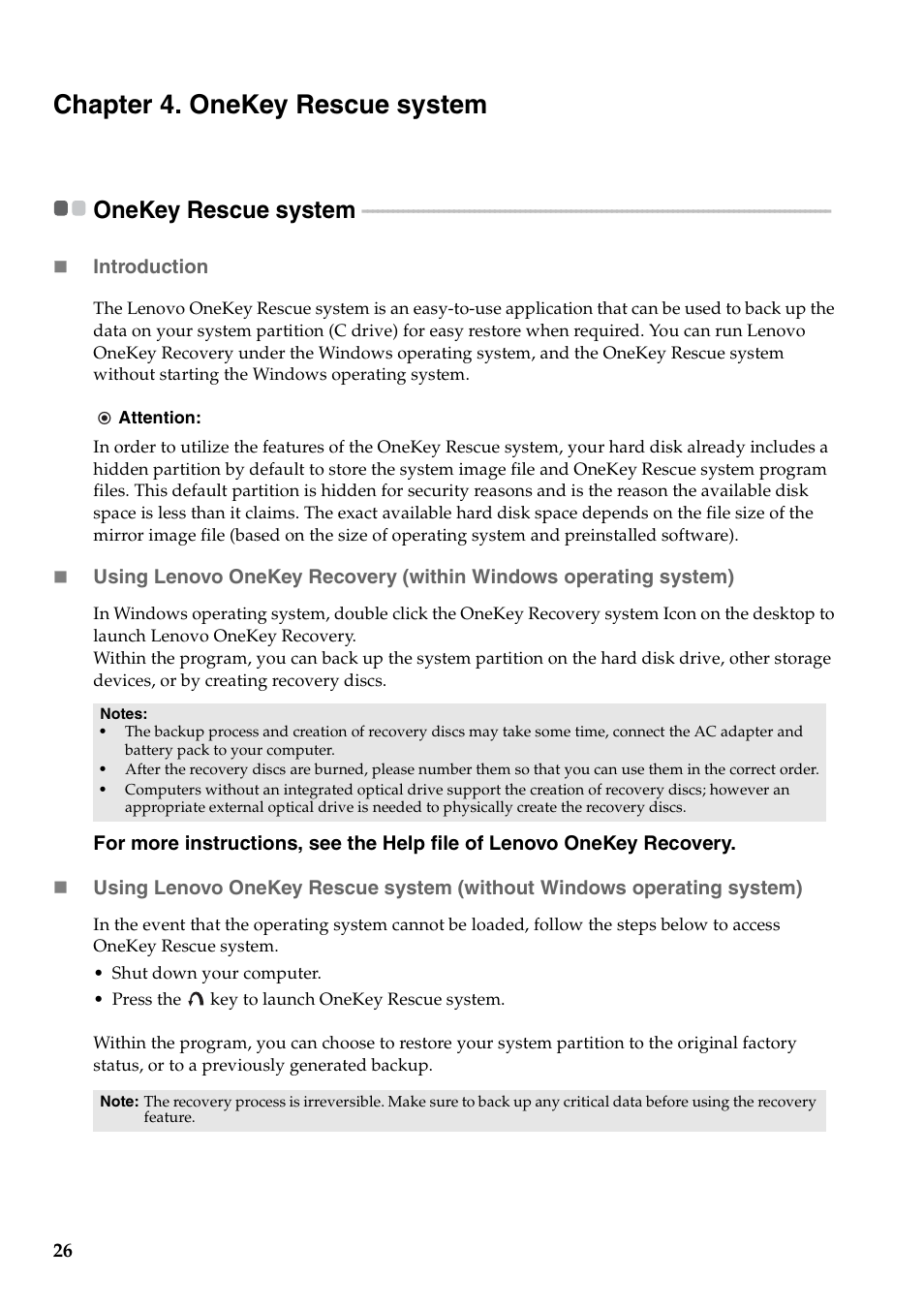 Chapter 4. onekey rescue system, Onekey rescue system | Lenovo IdeaPad Y471A User Manual | Page 30 / 49