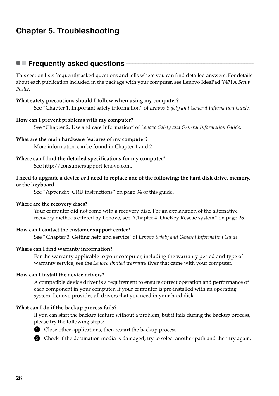 Chapter 5. troubleshooting, Frequently asked questions | Lenovo IdeaPad Y471A User Manual | Page 32 / 49