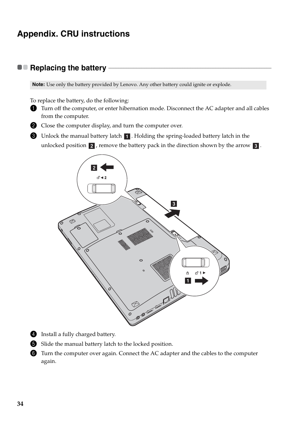 Appendix. cru instructions, Replacing the battery | Lenovo IdeaPad Y471A User Manual | Page 38 / 49