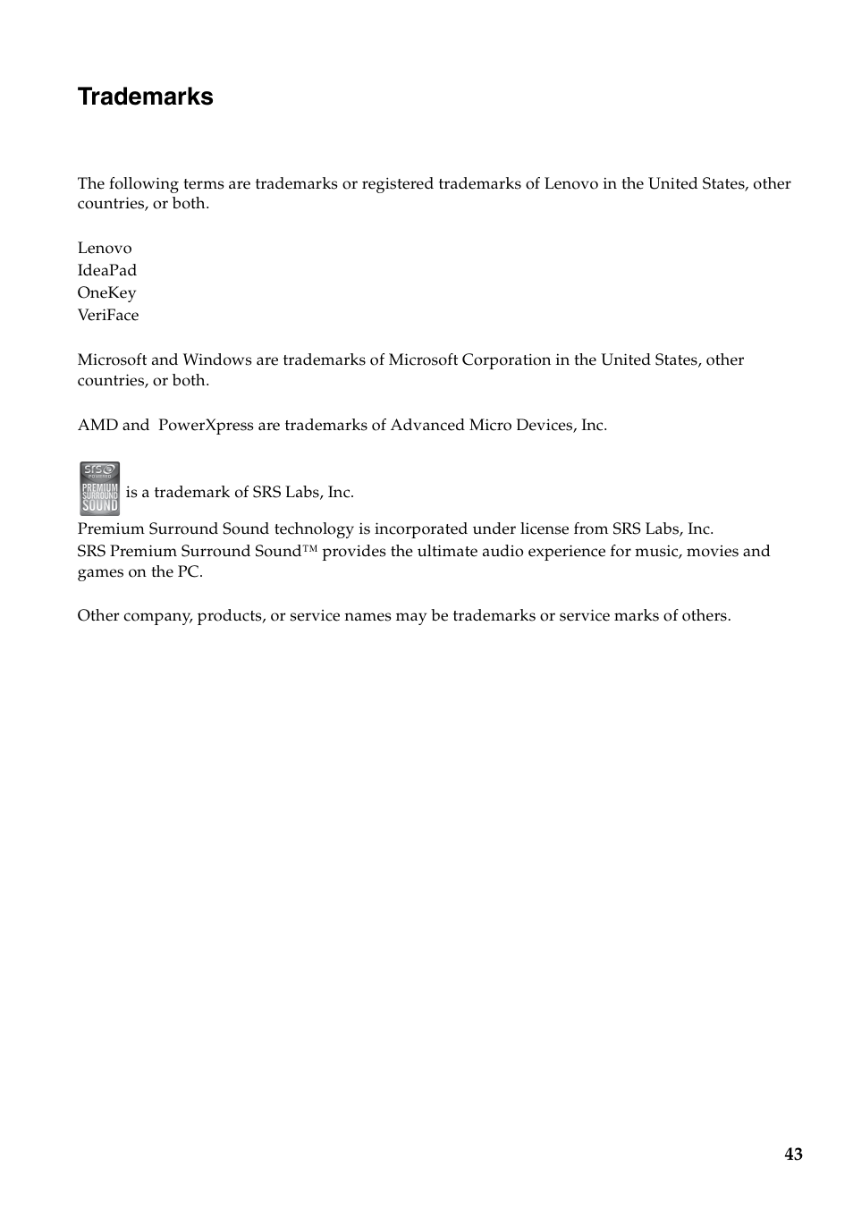 Trademarks | Lenovo IdeaPad Y471A User Manual | Page 47 / 49