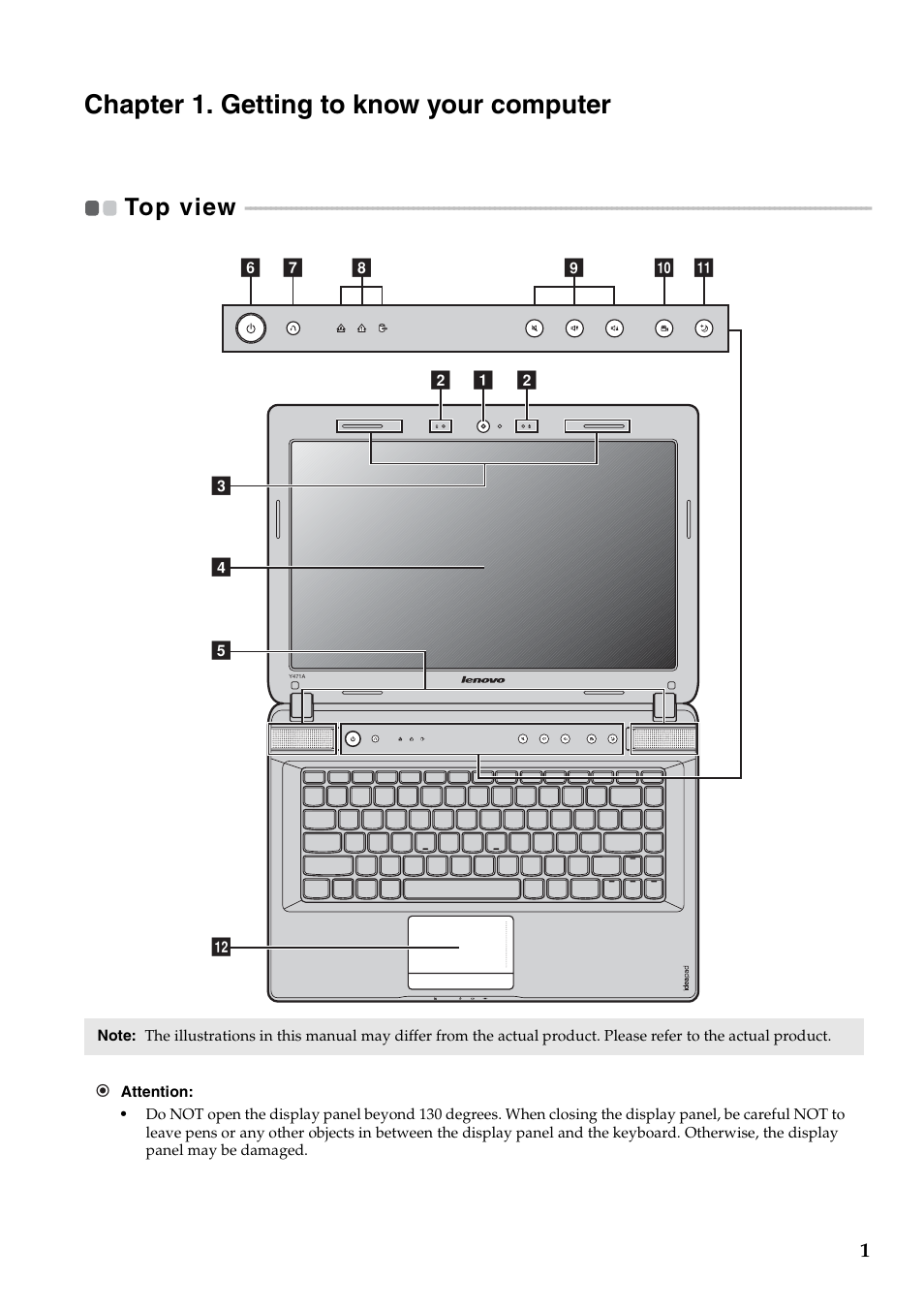 Chapter 1. getting to know your computer, Top view | Lenovo IdeaPad Y471A User Manual | Page 5 / 49