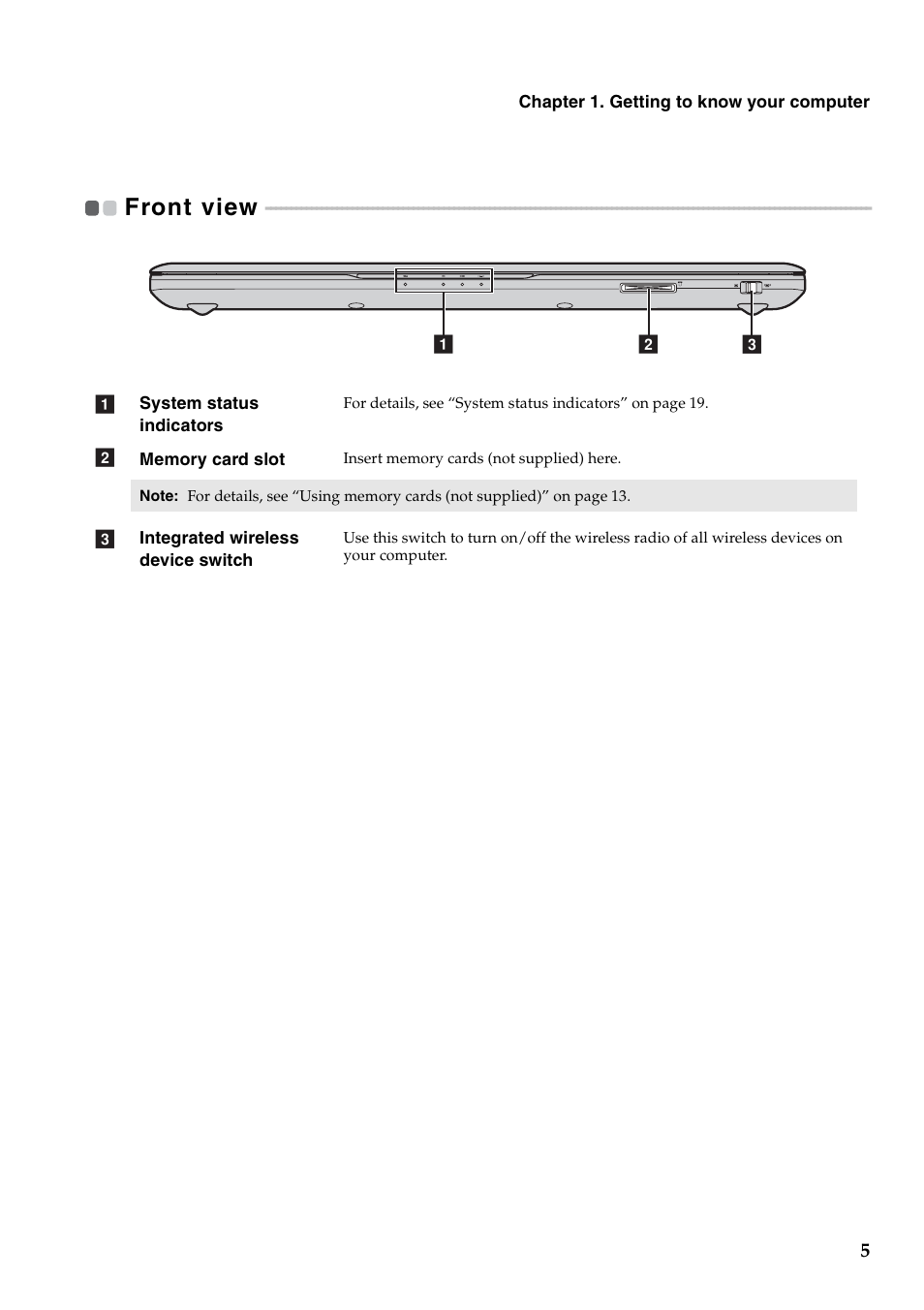 Front view | Lenovo IdeaPad Y471A User Manual | Page 9 / 49