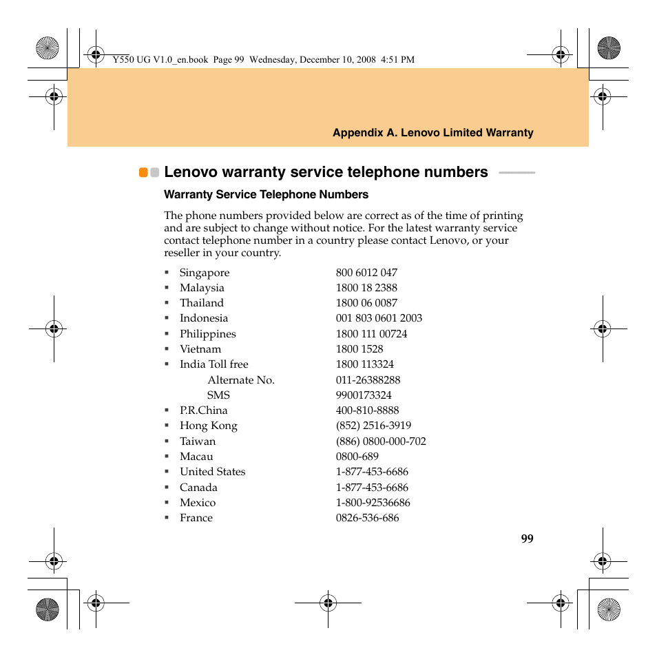 Lenovo warranty service telephone numbers | Lenovo IdeaPad Y550 User Manual | Page 107 / 138