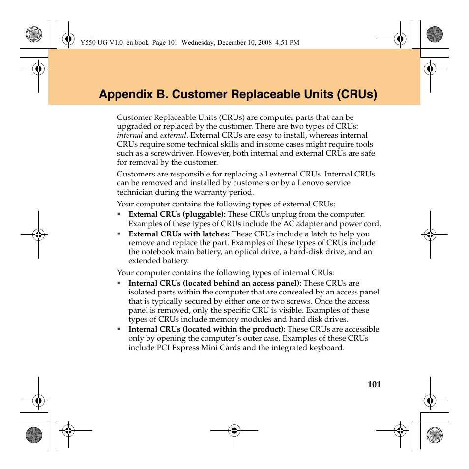 Appendix b. customer replaceable units (crus) | Lenovo IdeaPad Y550 User Manual | Page 109 / 138