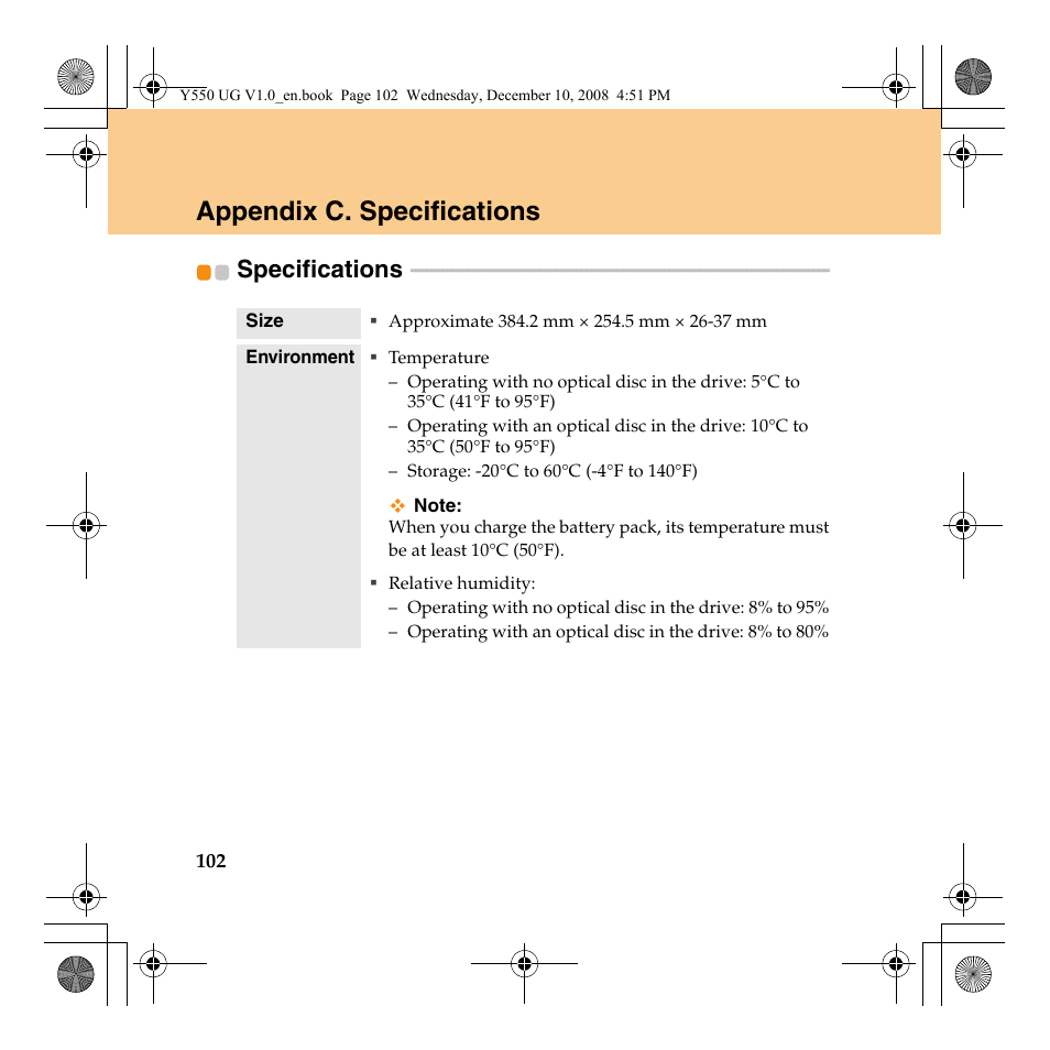 Appendix c. specifications, Specifications | Lenovo IdeaPad Y550 User Manual | Page 110 / 138