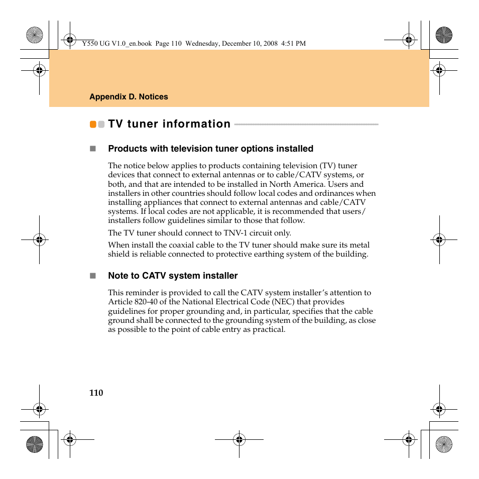 Tv tuner information | Lenovo IdeaPad Y550 User Manual | Page 118 / 138