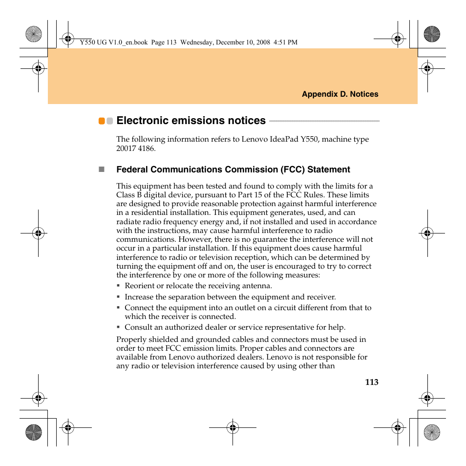 Electronic emissions notices | Lenovo IdeaPad Y550 User Manual | Page 121 / 138