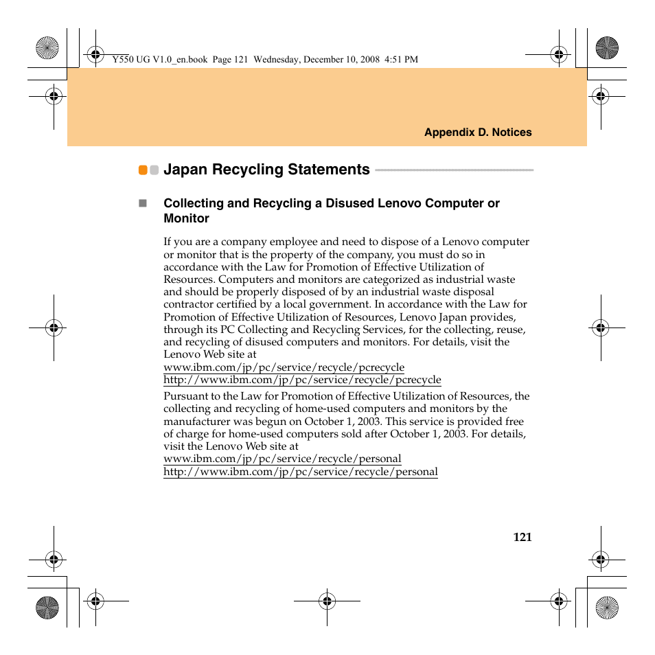 Japan recycling statements | Lenovo IdeaPad Y550 User Manual | Page 129 / 138