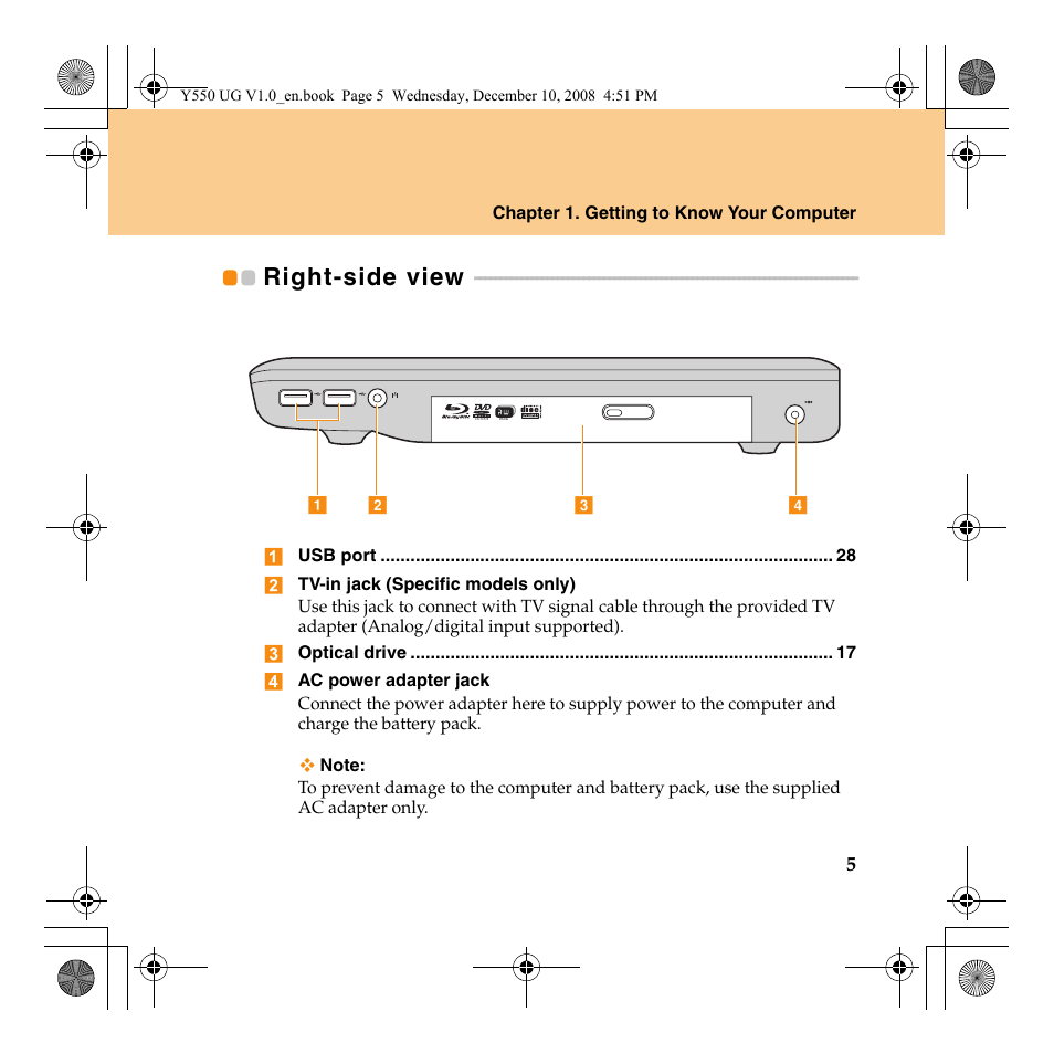 Right-side view | Lenovo IdeaPad Y550 User Manual | Page 13 / 138