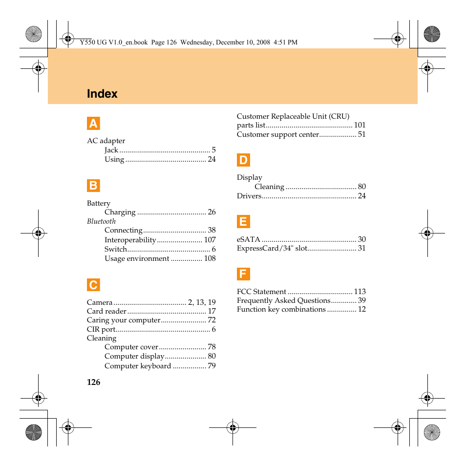 Index a | Lenovo IdeaPad Y550 User Manual | Page 134 / 138