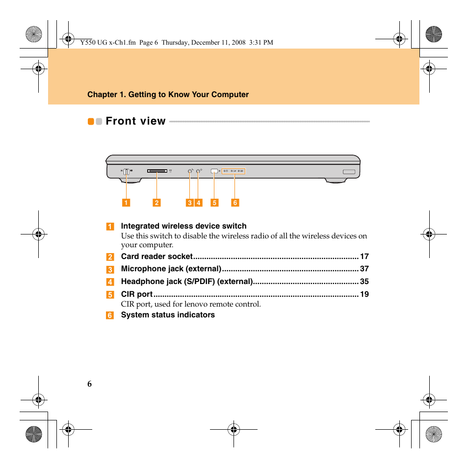 Front view | Lenovo IdeaPad Y550 User Manual | Page 14 / 138