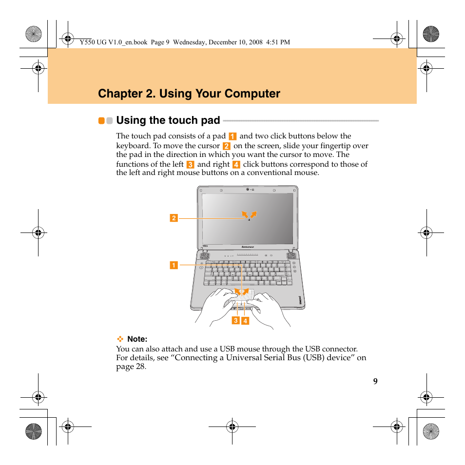 Chapter 2. using your computer, Using the touch pad | Lenovo IdeaPad Y550 User Manual | Page 17 / 138