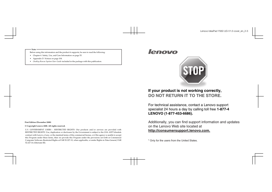 Do not return it to the store, If your product is not working correctly | Lenovo IdeaPad Y550 User Manual | Page 2 / 138