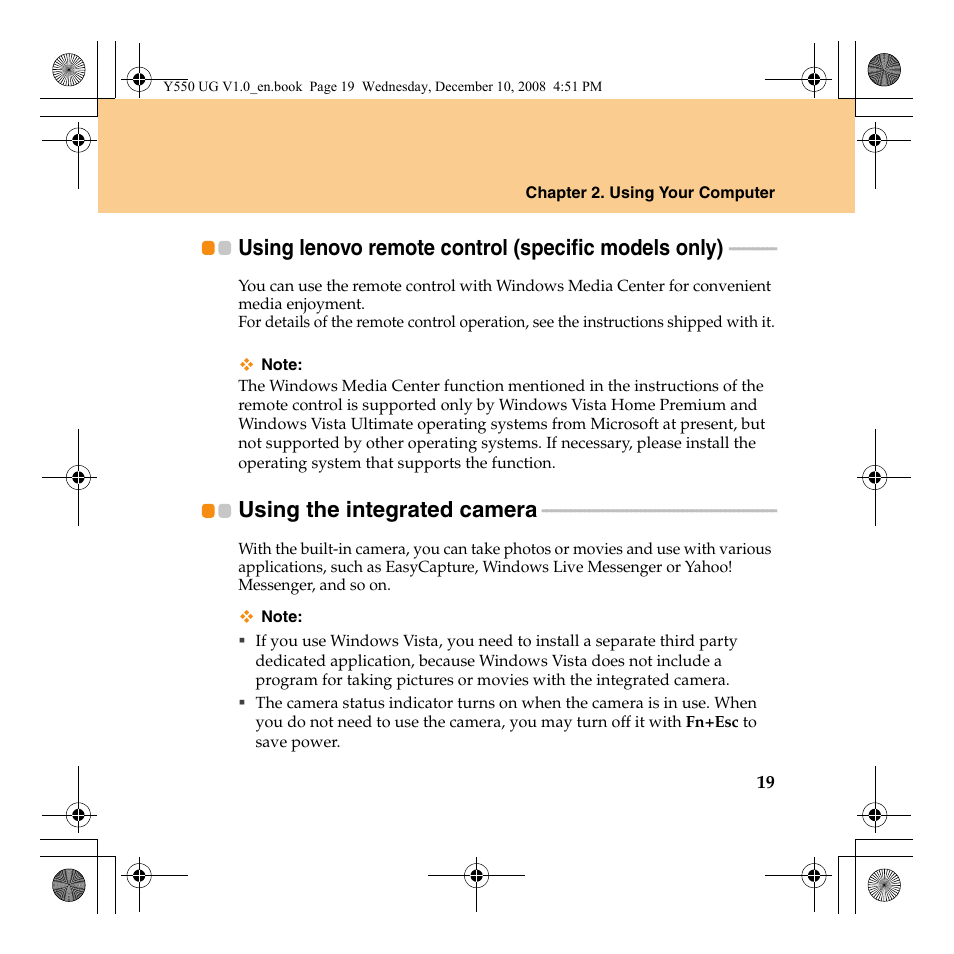 Using lenovo remote control (specific models only), Using the integrated camera | Lenovo IdeaPad Y550 User Manual | Page 27 / 138