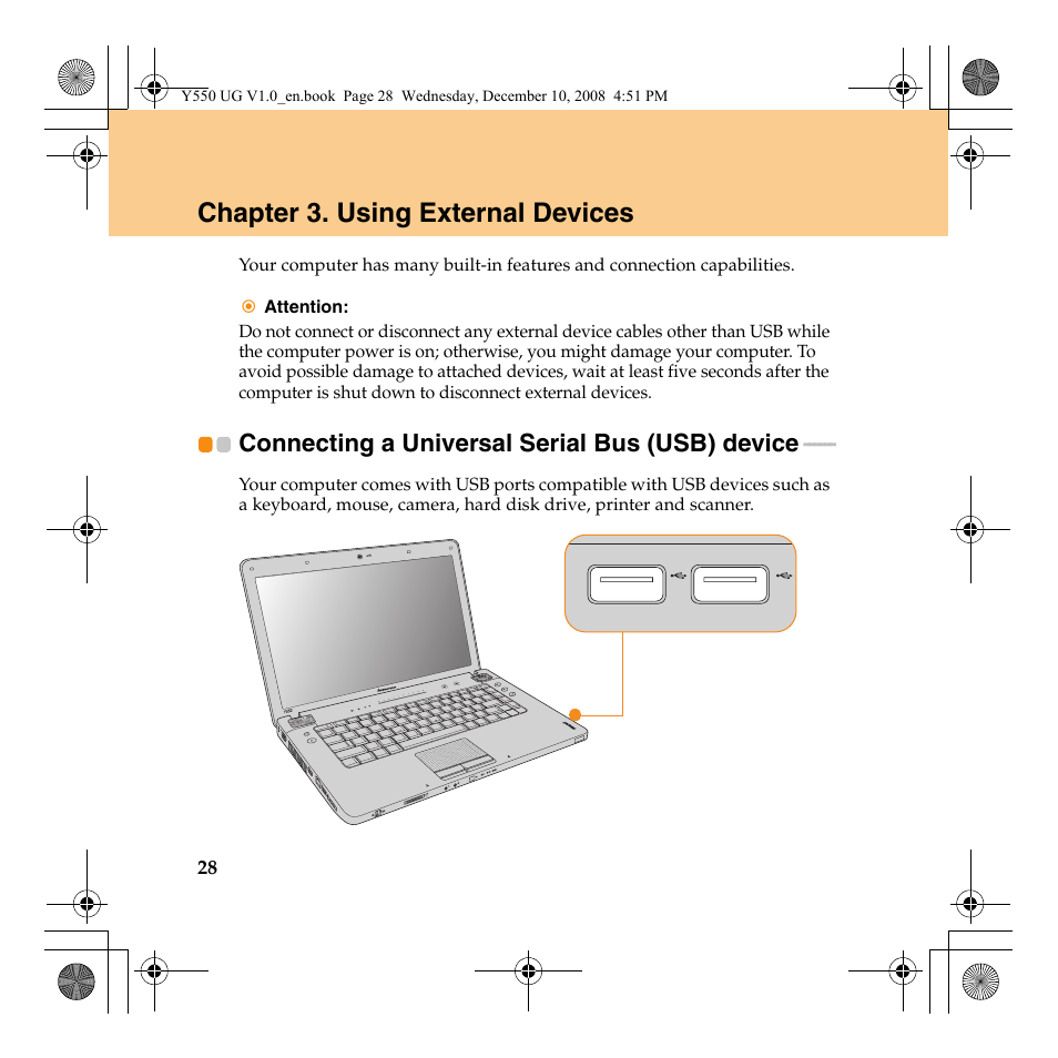 Chapter 3. using external devices, Connecting a universal serial bus (usb) device | Lenovo IdeaPad Y550 User Manual | Page 36 / 138