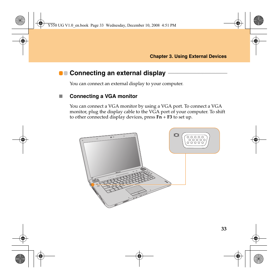 Connecting an external display | Lenovo IdeaPad Y550 User Manual | Page 41 / 138