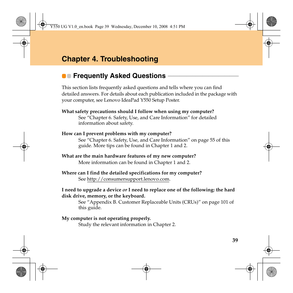 Chapter 4. troubleshooting, Frequently asked questions | Lenovo IdeaPad Y550 User Manual | Page 47 / 138