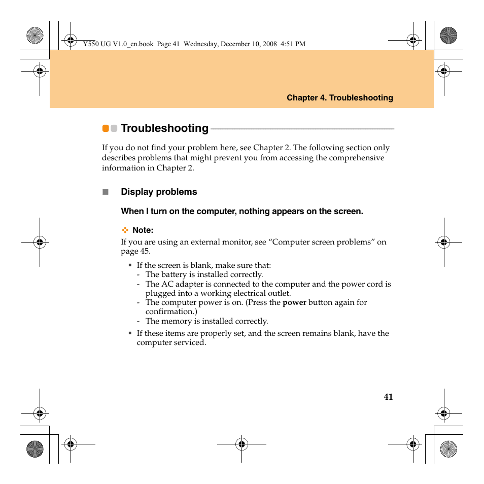 Troubleshooting | Lenovo IdeaPad Y550 User Manual | Page 49 / 138