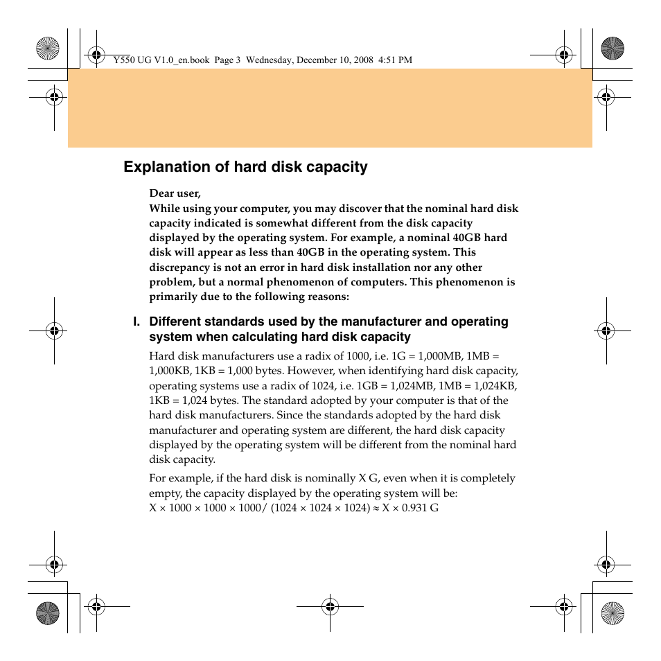 Explanation of hard disk capacity | Lenovo IdeaPad Y550 User Manual | Page 5 / 138
