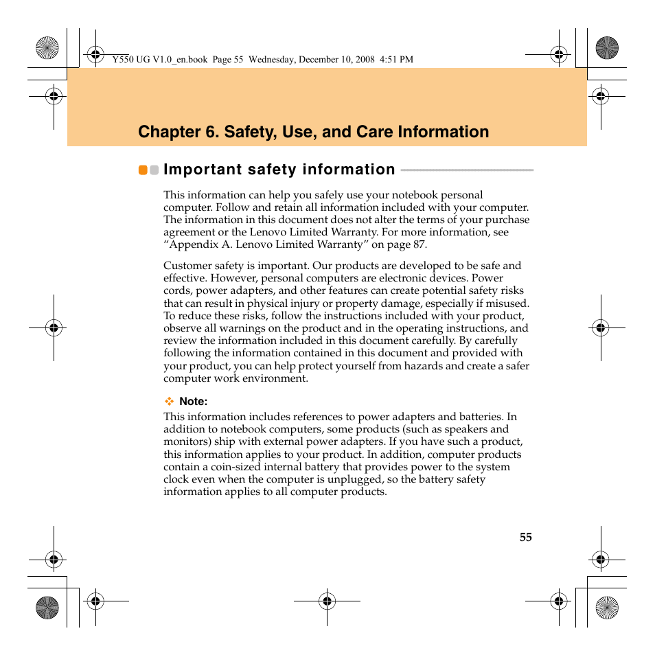 Chapter 6. safety, use, and care information, Important safety information | Lenovo IdeaPad Y550 User Manual | Page 63 / 138