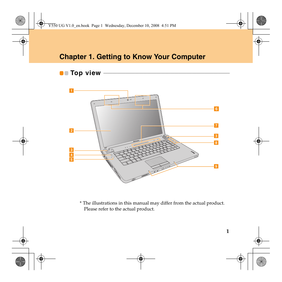 Chapter 1. getting to know your computer, Top view | Lenovo IdeaPad Y550 User Manual | Page 9 / 138