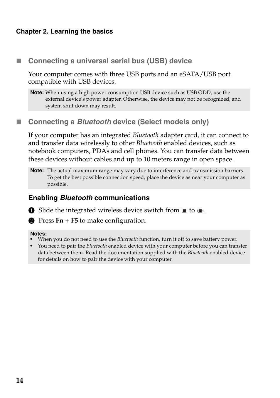 Connecting a universal serial bus (usb) device, Connecting a bluetooth device (select models only) | Lenovo IdeaPad V360 User Manual | Page 18 / 58