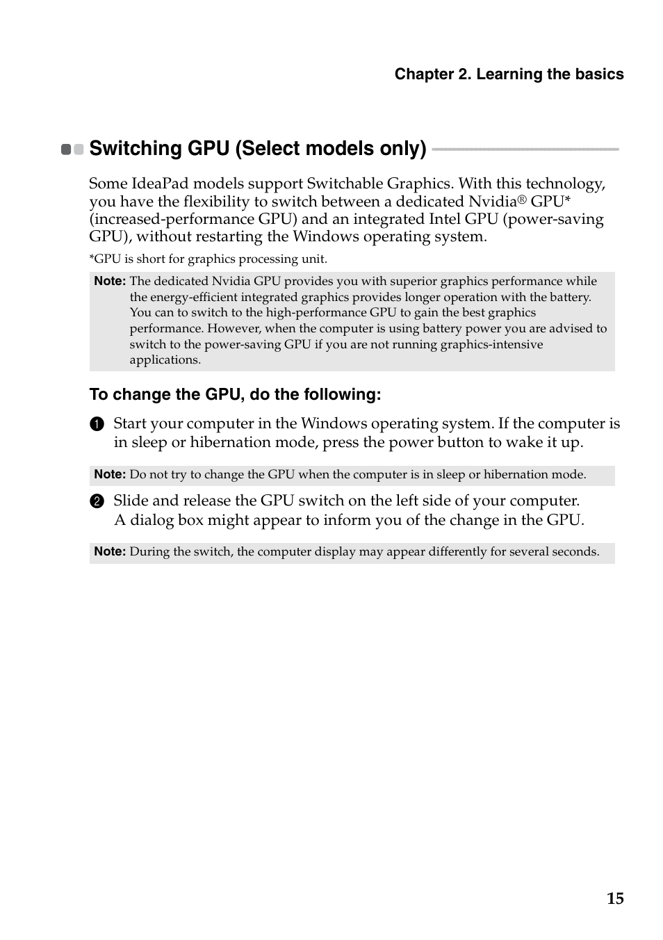 Switching gpu (select models only) | Lenovo IdeaPad V360 User Manual | Page 19 / 58