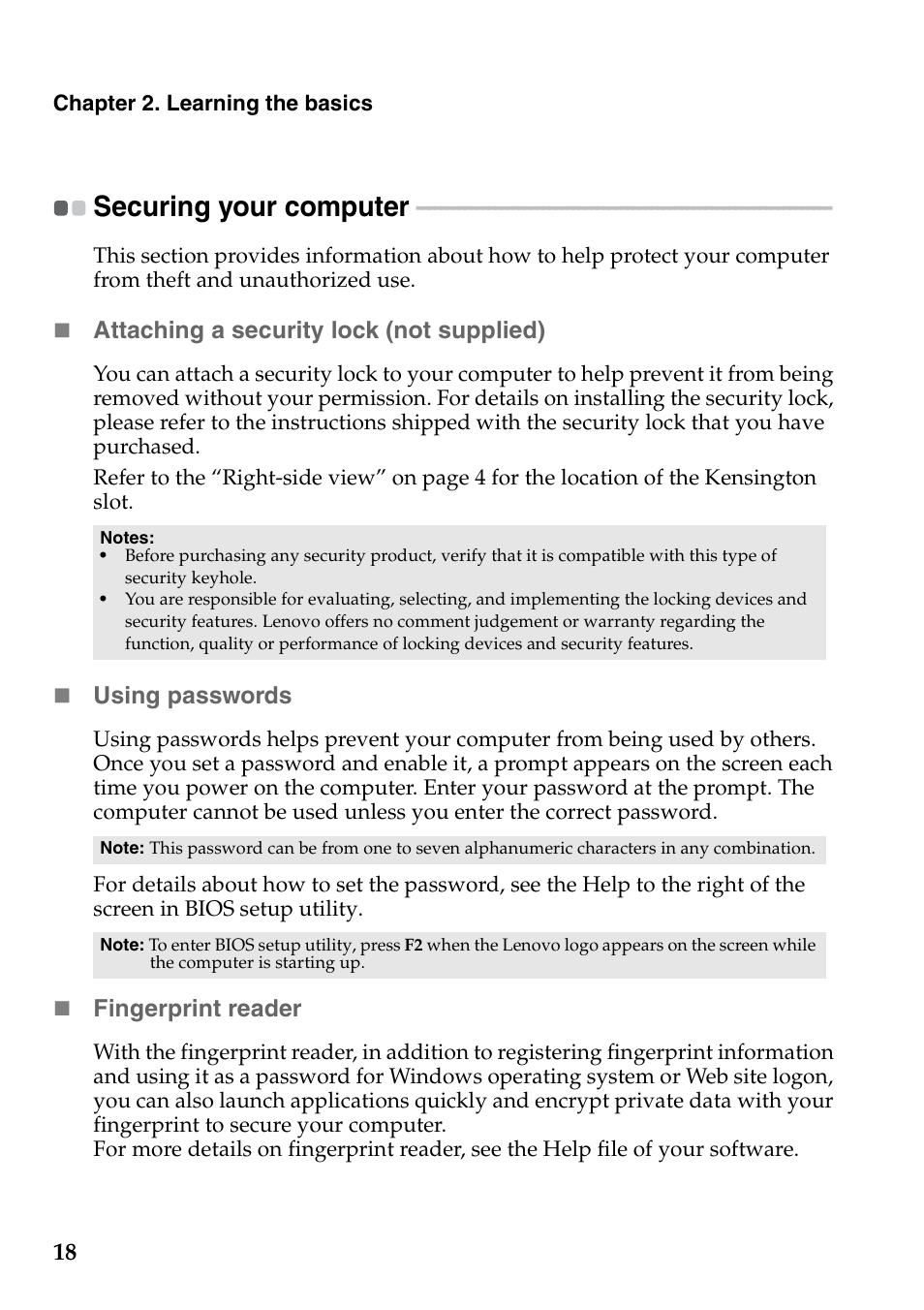 Securing your computer | Lenovo IdeaPad V360 User Manual | Page 22 / 58