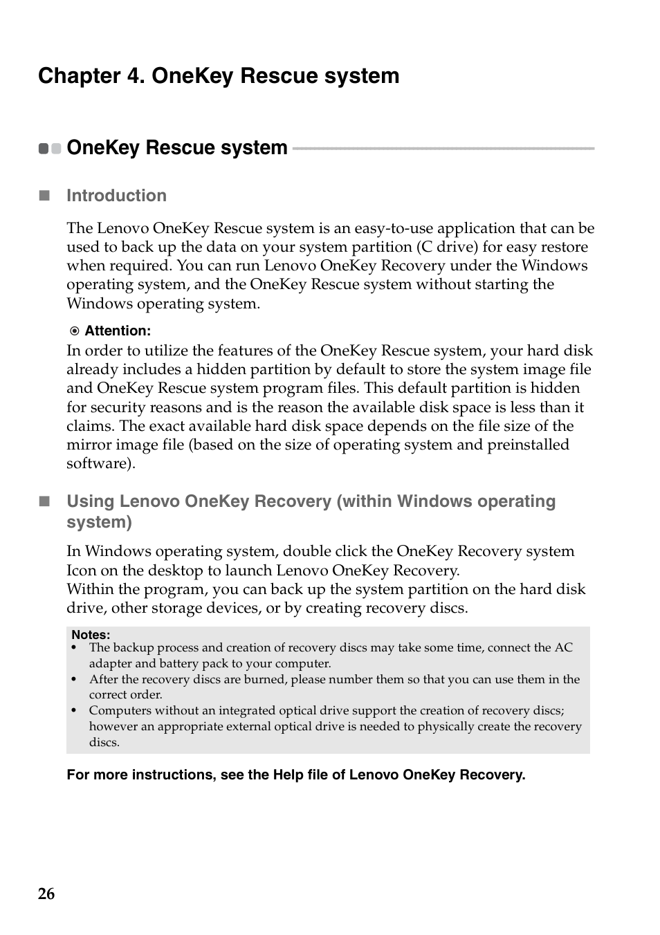 Chapter 4. onekey rescue system, Onekey rescue system | Lenovo IdeaPad V360 User Manual | Page 30 / 58