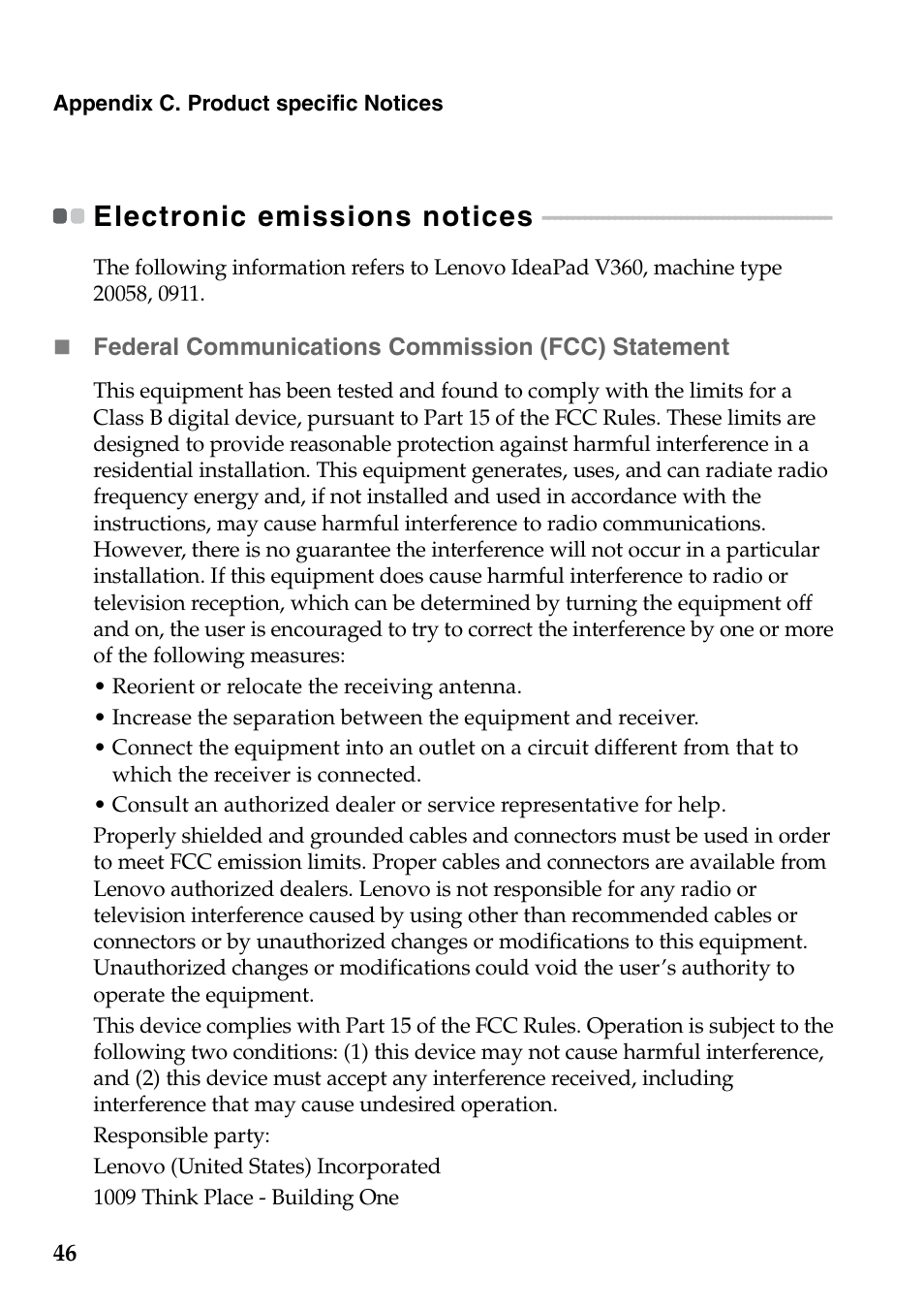 Electronic emissions notices | Lenovo IdeaPad V360 User Manual | Page 50 / 58