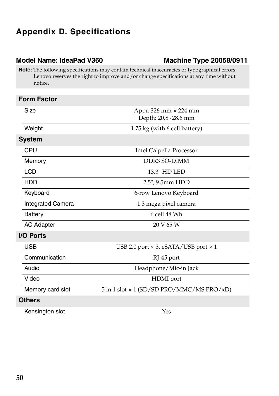 Appendix d. specifications | Lenovo IdeaPad V360 User Manual | Page 54 / 58