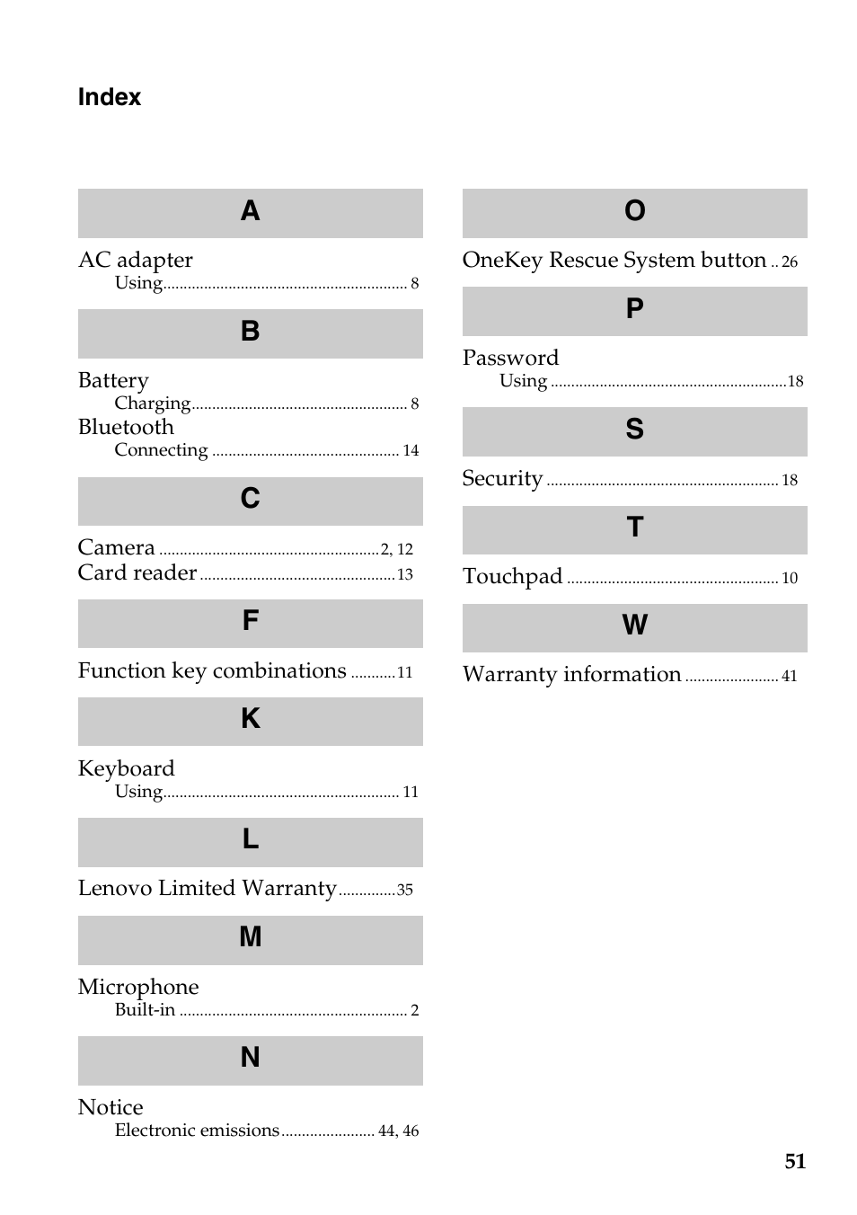 Index | Lenovo IdeaPad V360 User Manual | Page 55 / 58