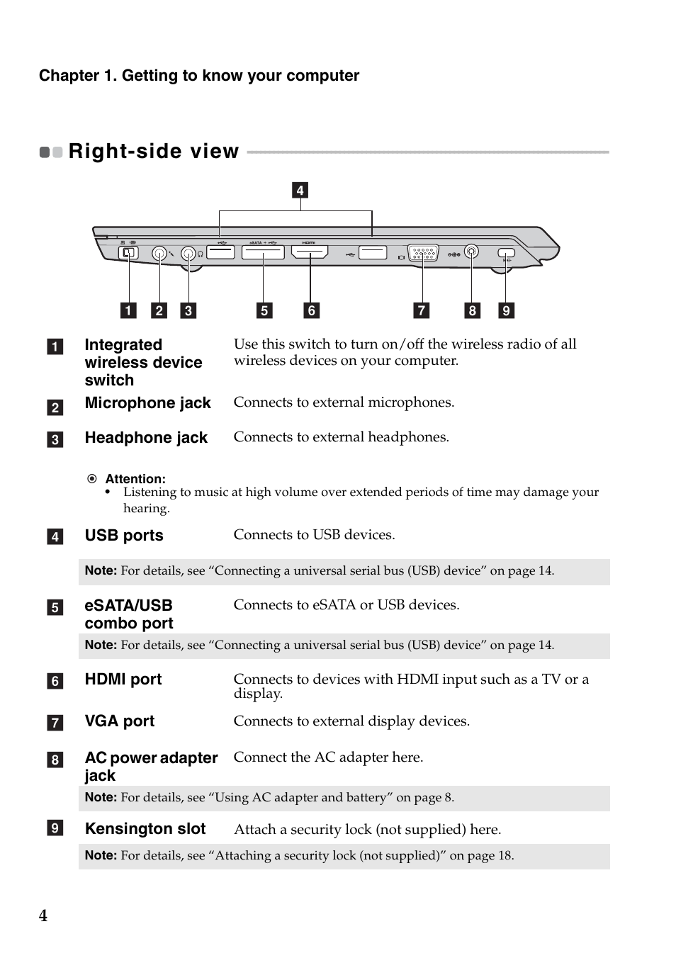 Right-side view | Lenovo IdeaPad V360 User Manual | Page 8 / 58