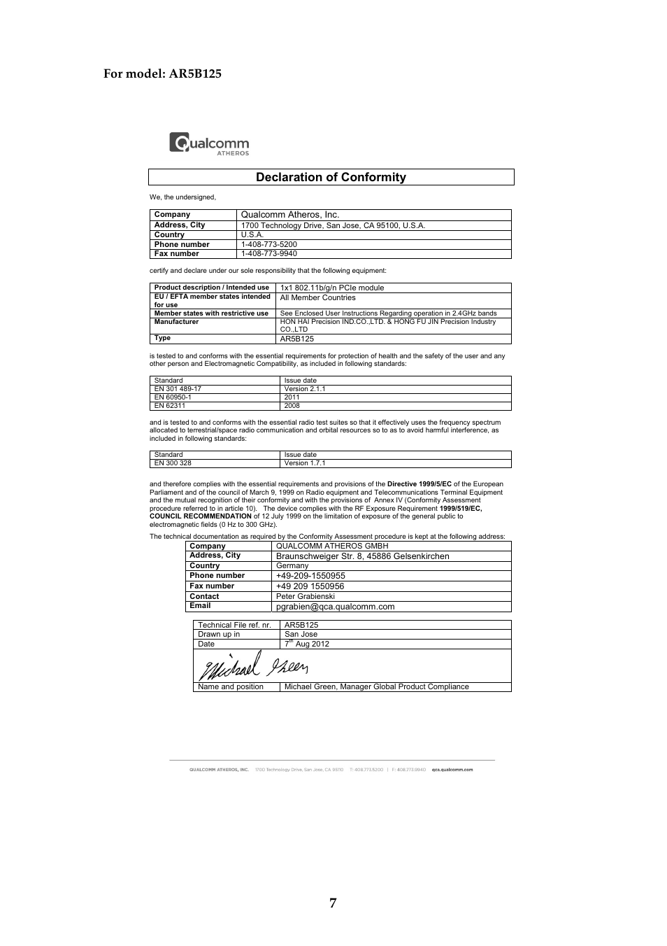 For model: ar5b125, Declaration of conformity | Lenovo G710 Notebook User Manual | Page 8 / 11