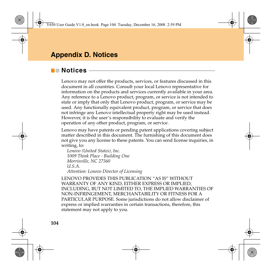 Appendix d. notices, Notices | Lenovo IdeaPad Y650 User Manual | Page 112 / 138