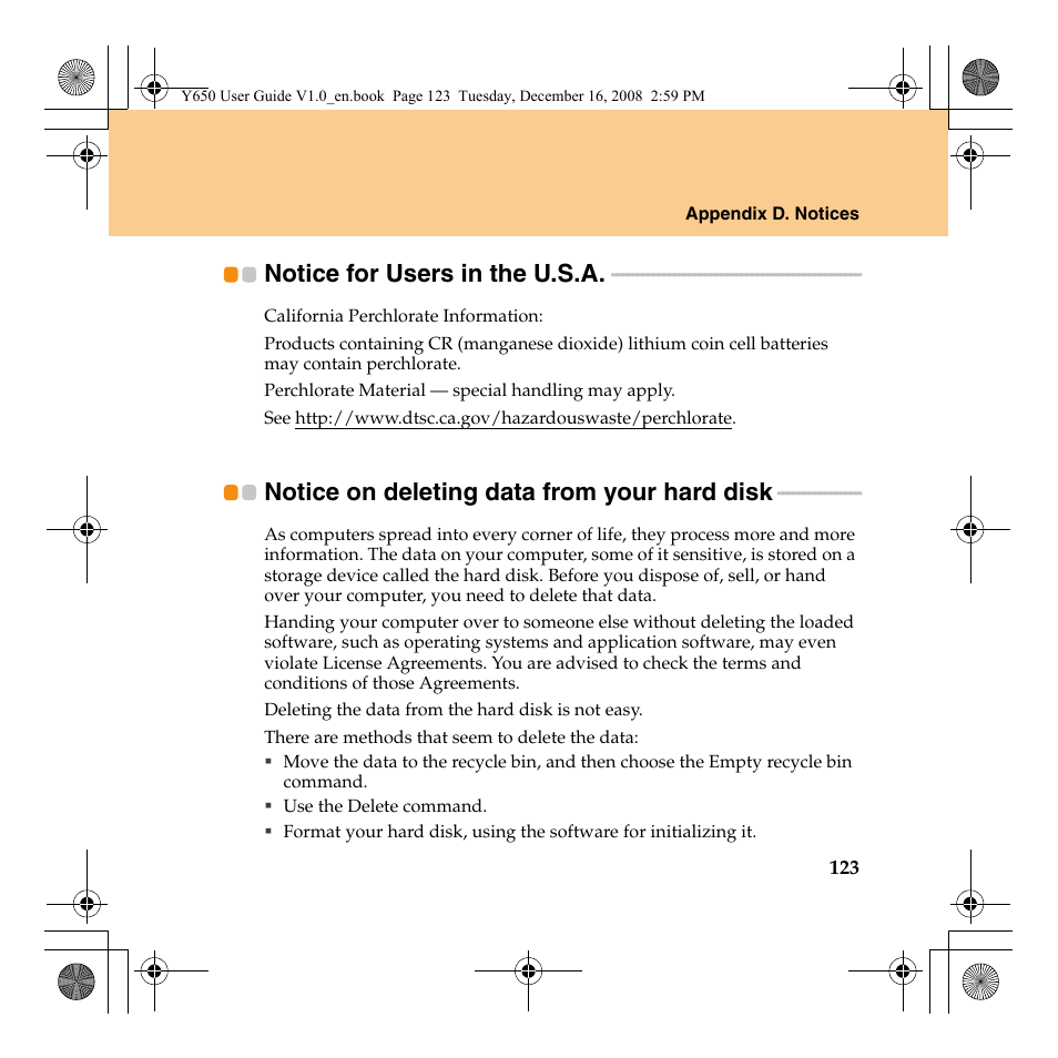 Notice for users in the u.s.a, Notice on deleting data from your hard disk | Lenovo IdeaPad Y650 User Manual | Page 131 / 138