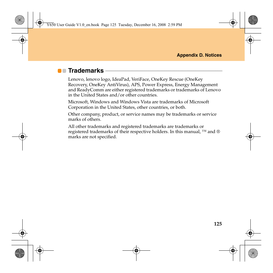 Trademarks | Lenovo IdeaPad Y650 User Manual | Page 133 / 138