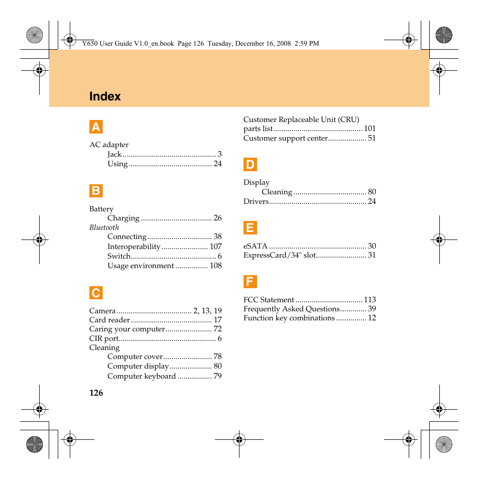 Index a | Lenovo IdeaPad Y650 User Manual | Page 134 / 138