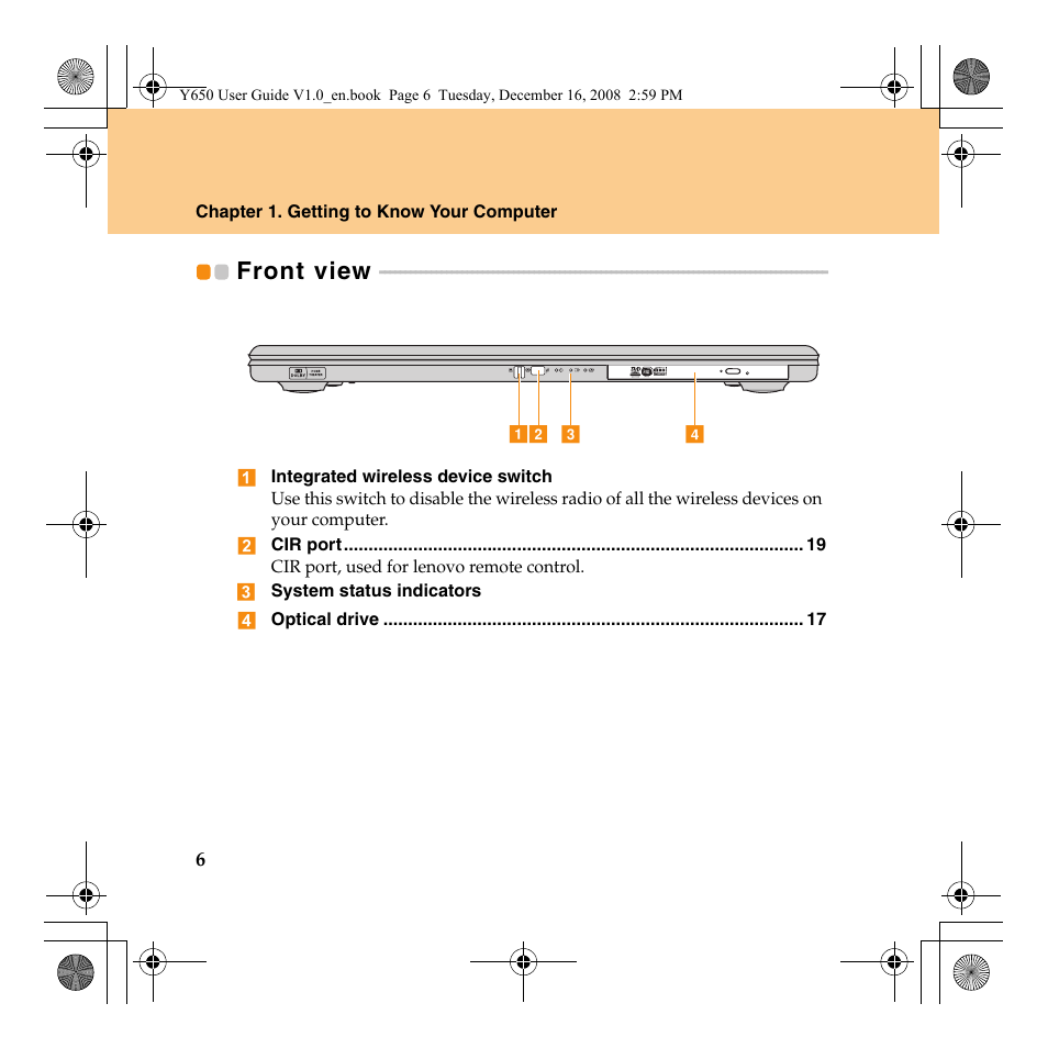 Front view | Lenovo IdeaPad Y650 User Manual | Page 14 / 138