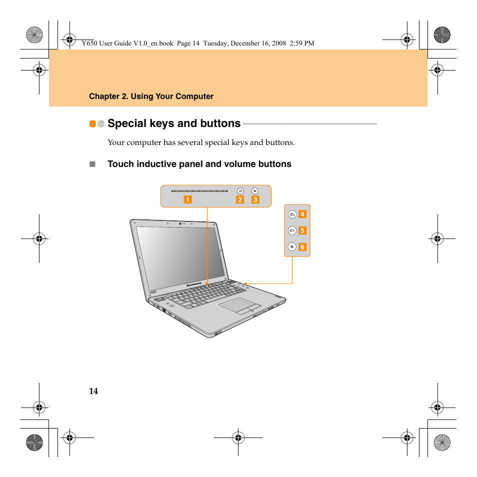 Special keys and buttons | Lenovo IdeaPad Y650 User Manual | Page 22 / 138