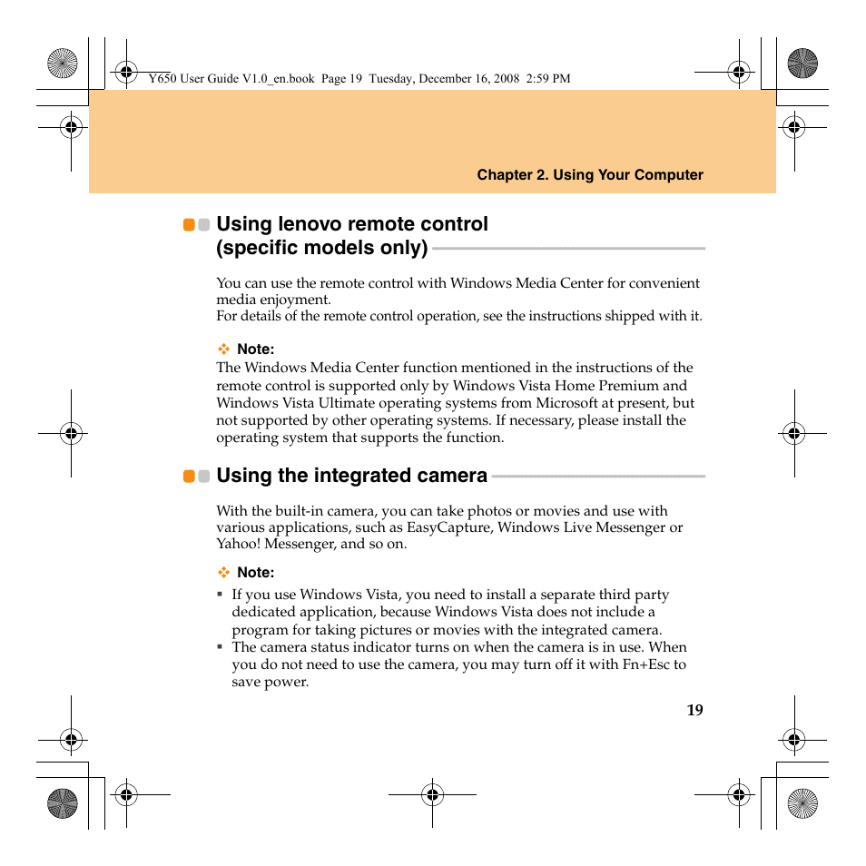 Using lenovo remote control (specific models only), Using the integrated camera | Lenovo IdeaPad Y650 User Manual | Page 27 / 138