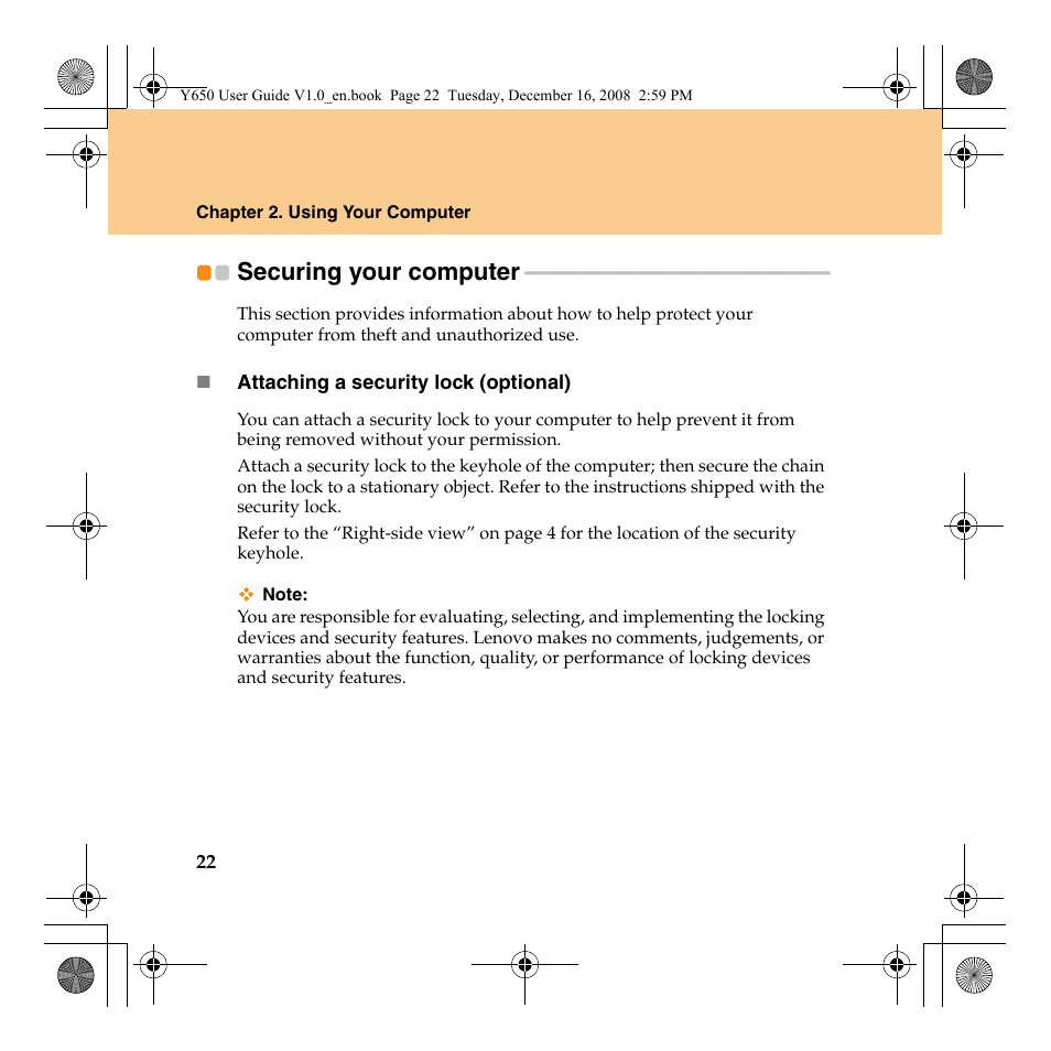 Securing your computer | Lenovo IdeaPad Y650 User Manual | Page 30 / 138