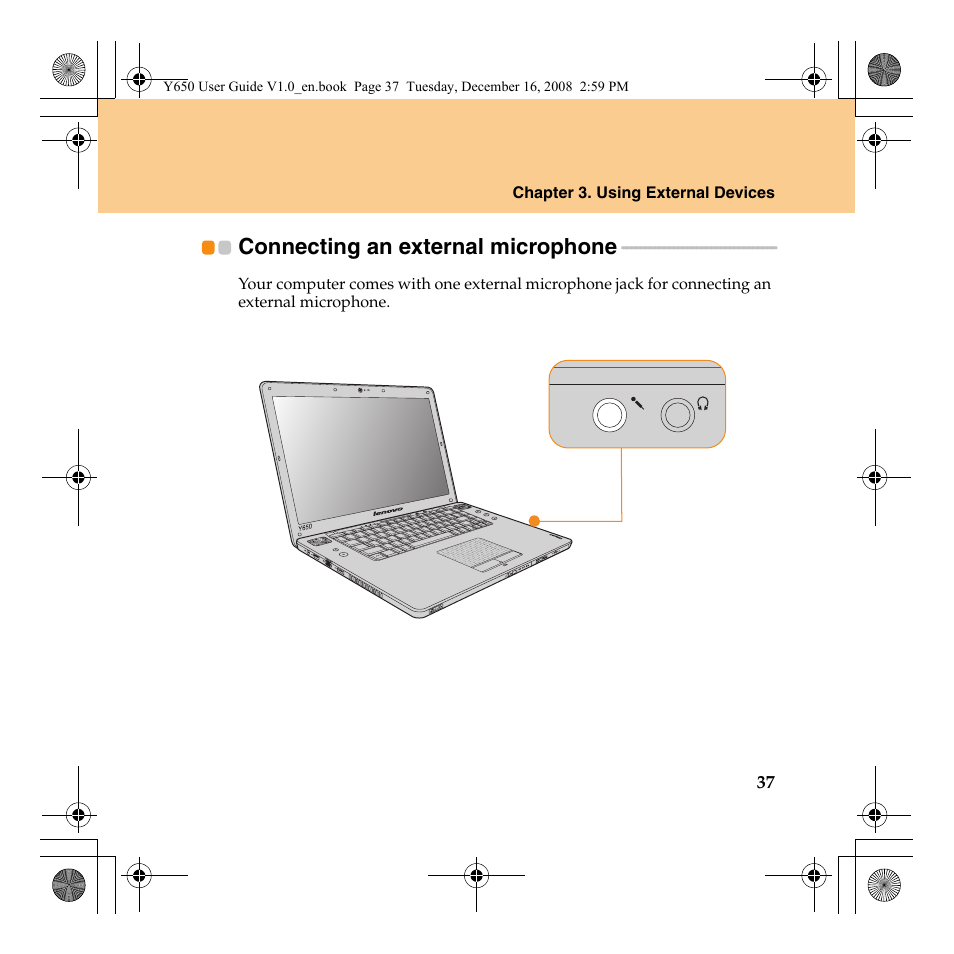 Connecting an external microphone | Lenovo IdeaPad Y650 User Manual | Page 45 / 138