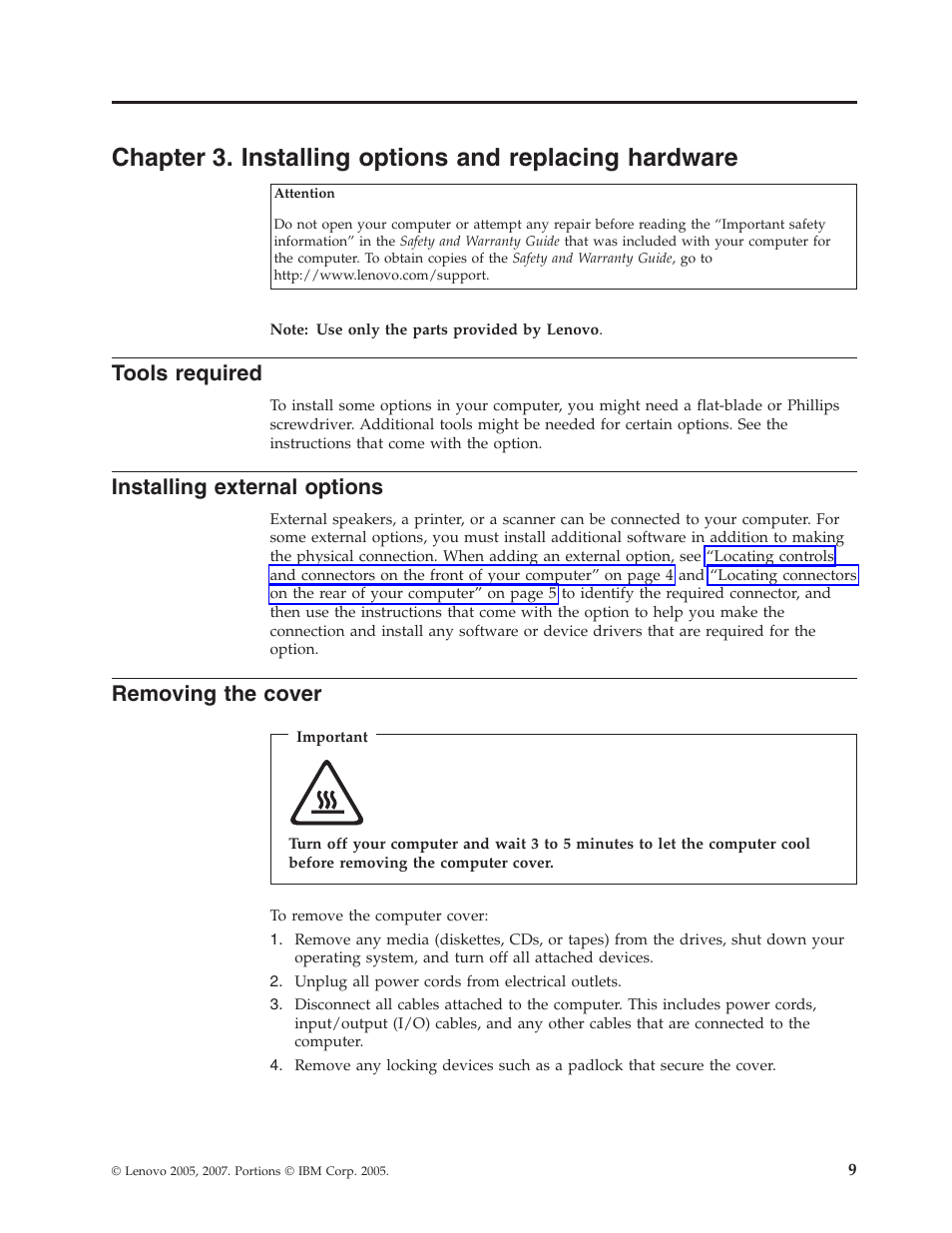 Tools required, Installing external options, Removing the cover | Chapter, Installing, Options, Replacing, Hardware, Tools, Required | Lenovo ThinkCentre A61 User Manual | Page 17 / 48