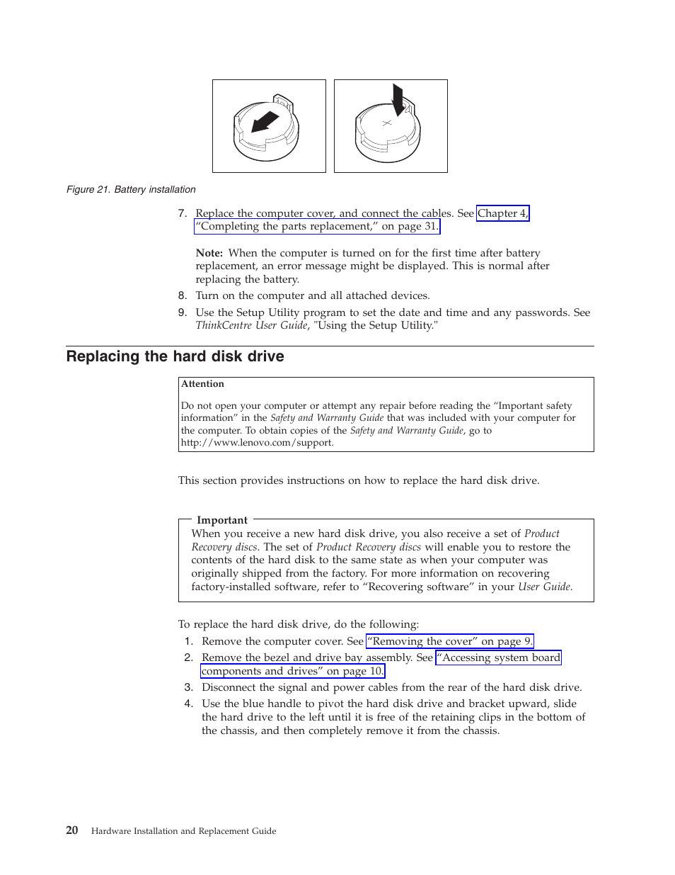 Replacing the hard disk drive, Replacing, Hard | Disk, Drive, Battery, Installation | Lenovo ThinkCentre A61 User Manual | Page 28 / 48
