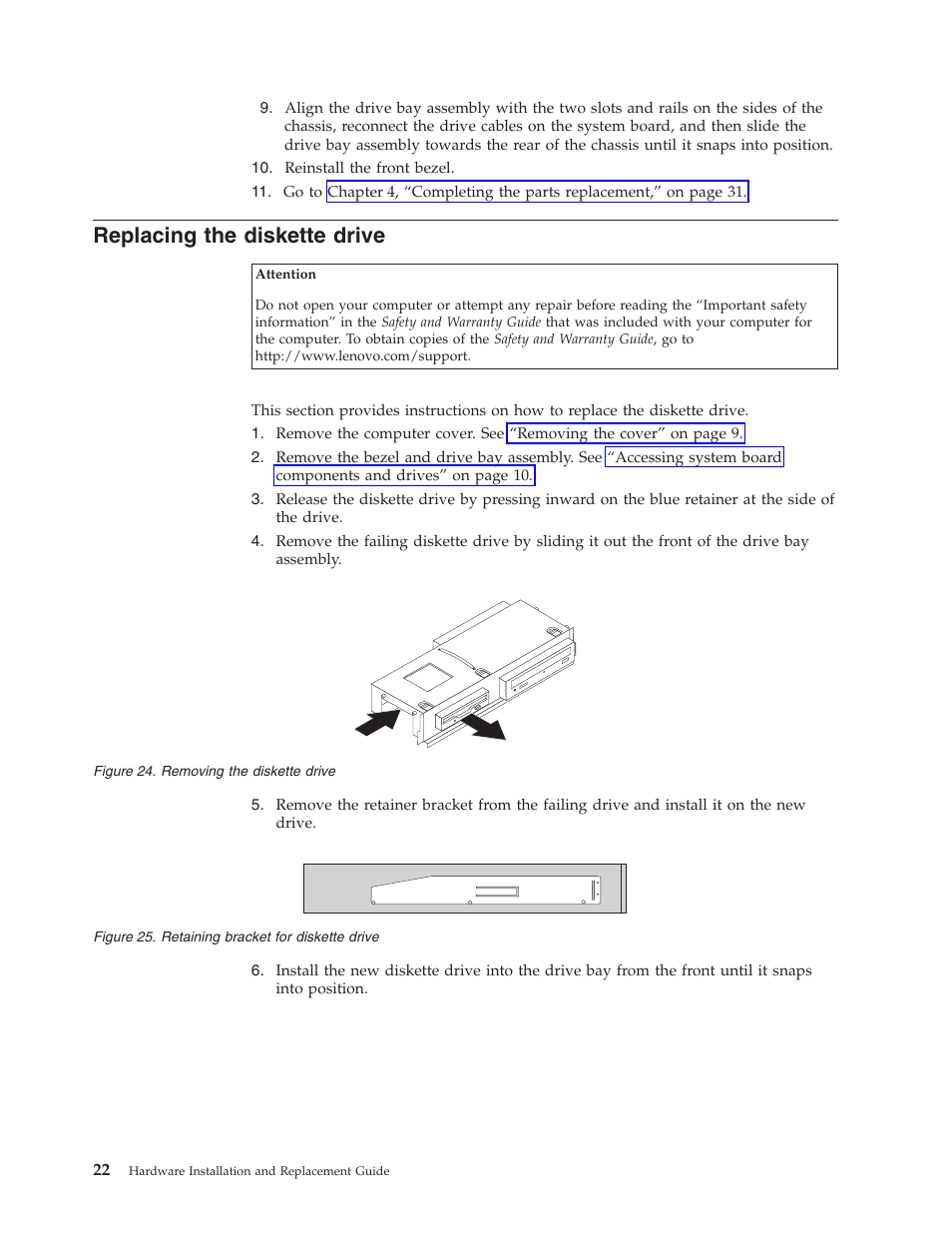 Replacing the diskette drive, Replacing, Diskette | Drive, Removing, Retaining, Bracket | Lenovo ThinkCentre A61 User Manual | Page 30 / 48