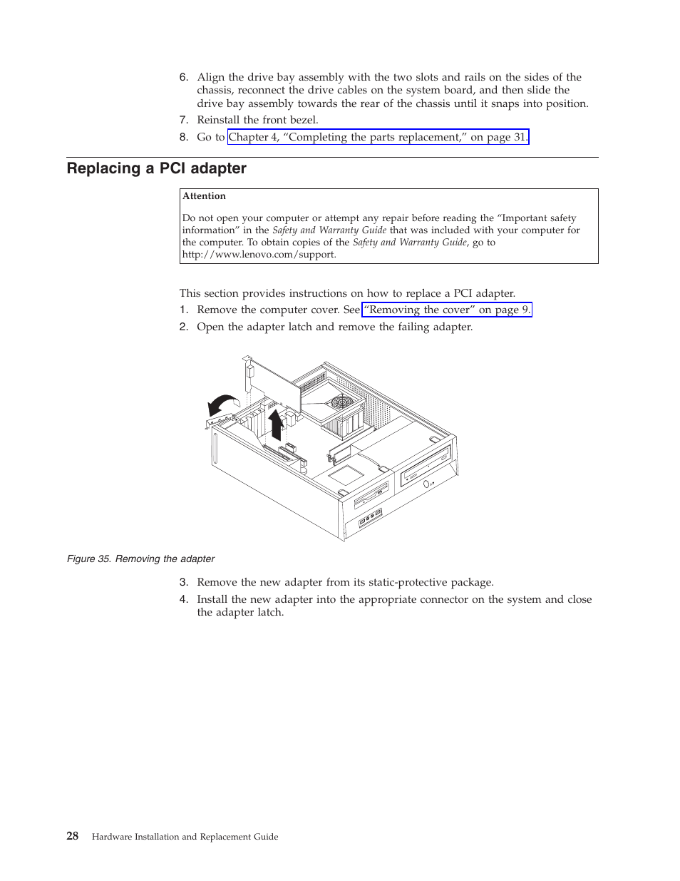 Replacing a pci adapter, Replacing, Adapter | Removing | Lenovo ThinkCentre A61 User Manual | Page 36 / 48